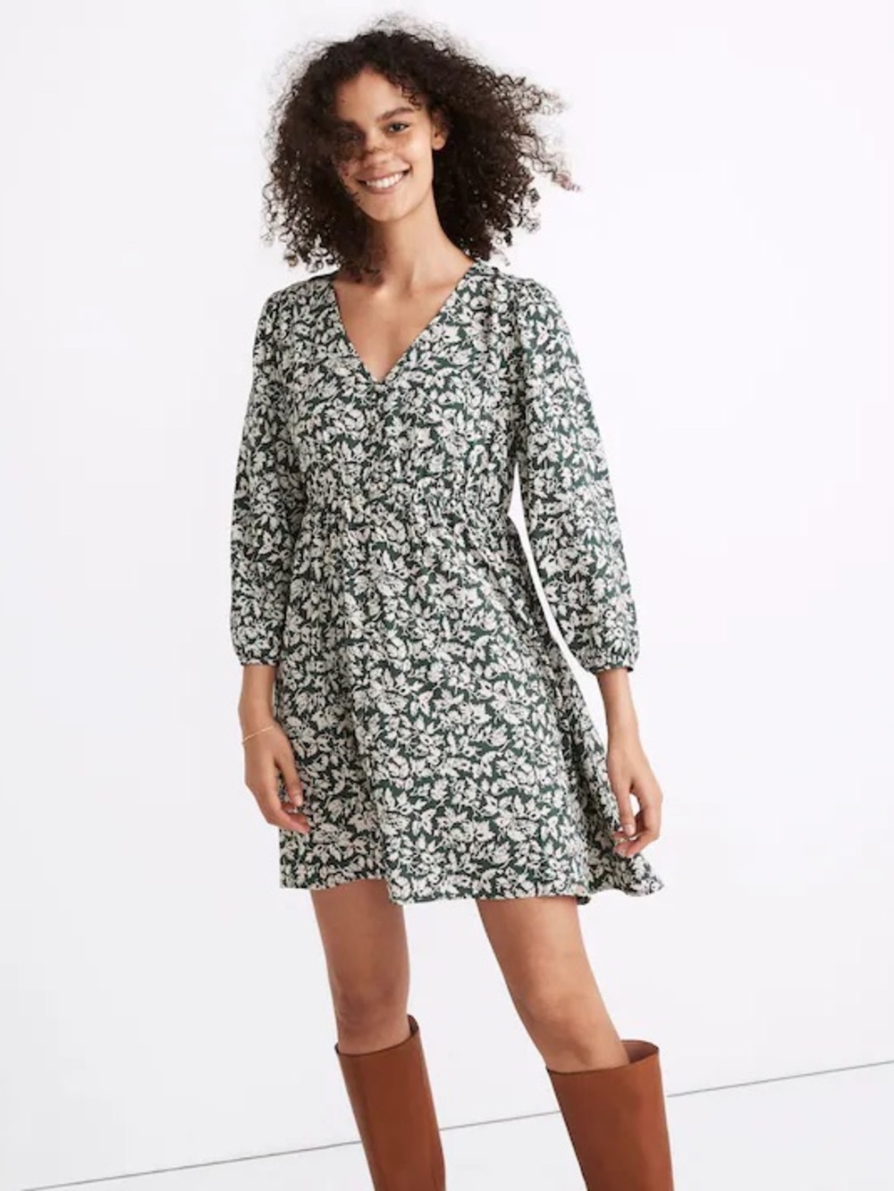 Madewell V-Neck Button-Front Mini Dress in Forest Leaves